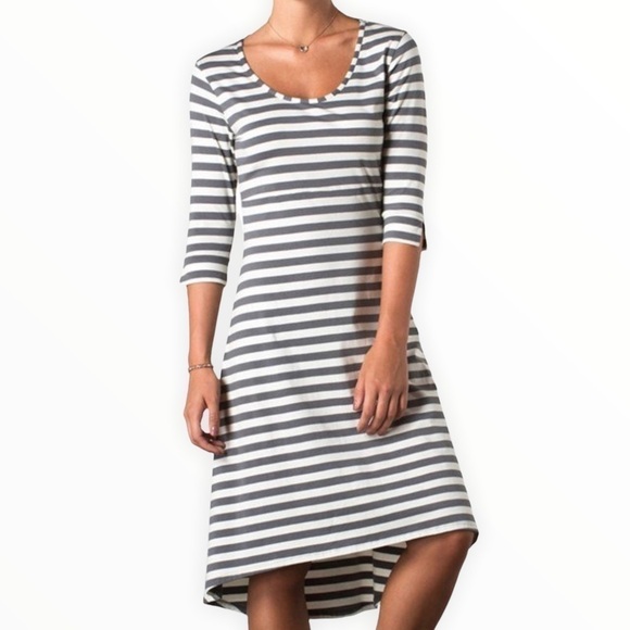 HORNY Toad Keyboard Dress Grey White Stripe Stretch Knit High Low Midi Dress, M - Picture 8 of 8